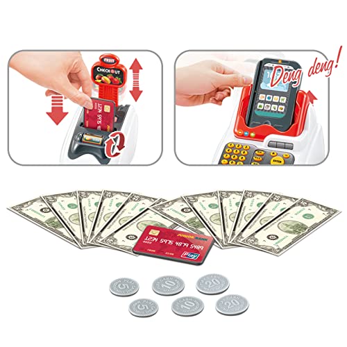 Juego de Supermercado Juguete de Tienda Simulación con Caja Registradora Lector de Tarjetas Escáner de Productos y Modelo Comidas Frutas 33pcs Juguete de Rol Funcional de Educativo Temprano para Niños