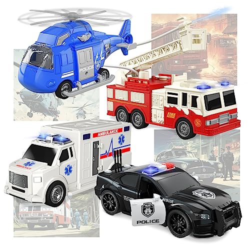 Juego de vehículos de Emergencia, Paquete de 4 Juguetes de Ambulancia 1:20, Juguetes para Camiones con luz y Sonido, Juguetes para niños de 2, 3, 4, 5, 6 años