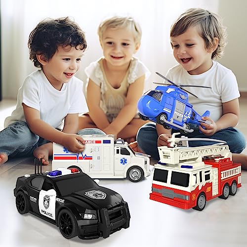 Juego de vehículos de Emergencia, Paquete de 4 Juguetes de Ambulancia 1:20, Juguetes para Camiones con luz y Sonido, Juguetes para niños de 2, 3, 4, 5, 6 años