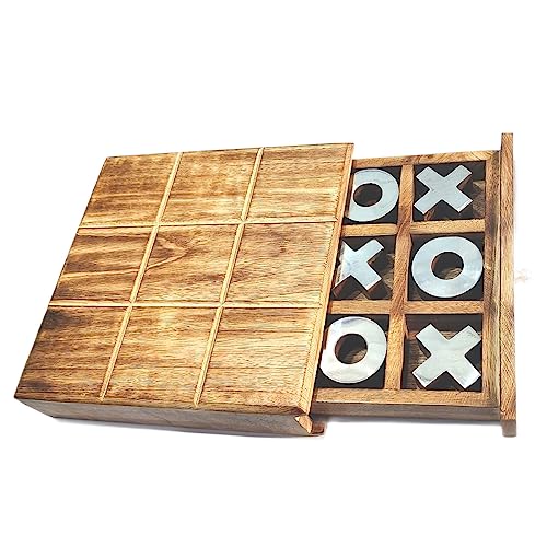 Juego Tres en Raya con Caja de Madera, Decoración Casa para Salón Original, Rompecabezas de Viaje, Diseño Clásico Cruz y Círculo, 18 cm