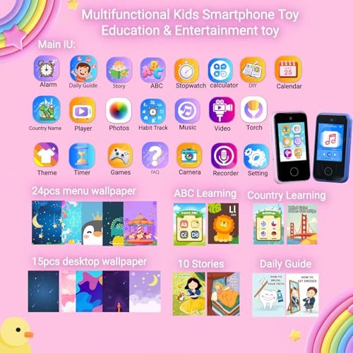 Juguete de teléfono Inteligente para niños de 3 a 8 años, Regalo de cumpleaños Navidad para niñas y niños, teléfono Celular con cámara, Reproductor de música MP3,Alarma, Juegos,Linterna,Historia,8 GB