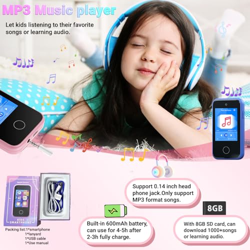 Juguete de teléfono Inteligente para niños de 3 a 8 años, Regalo de cumpleaños Navidad para niñas y niños, teléfono Celular con cámara, Reproductor de música MP3,Alarma, Juegos,Linterna,Historia,8 GB