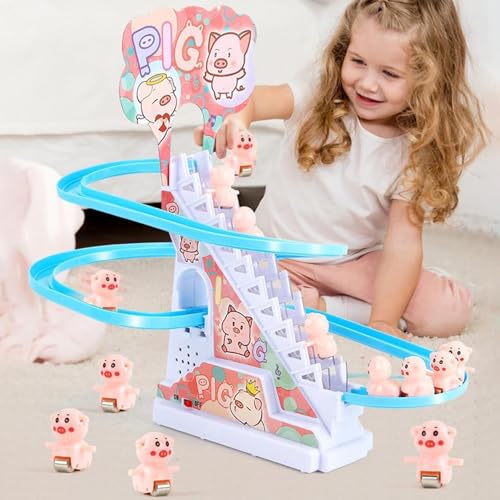 Juguete eléctrico para Subir escaleras | Juguete de Escalada Cerdito | Juguetón Juego Montaña Rusa, Divertido Juguete Tobogán Pista Animales Juego Pista Carreras para Regalos Niños