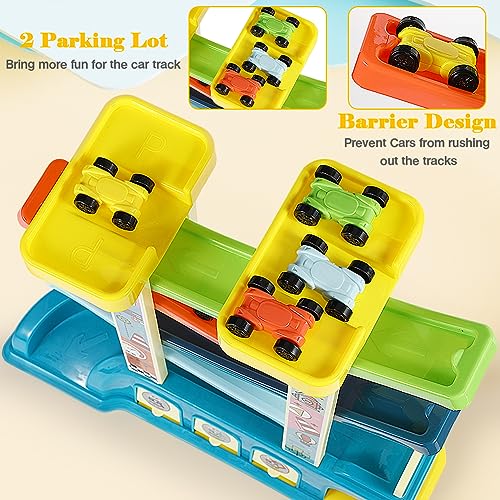 Juguete Rampa Coches Pista de Carrera con 6 Mini Coches, Rampa Racer Coche de Juguete zig Zag clack Track Pista Carreras circuitos Juguetes Corredera para Autos Regalos para Niños de 3 4 6 8 9 años