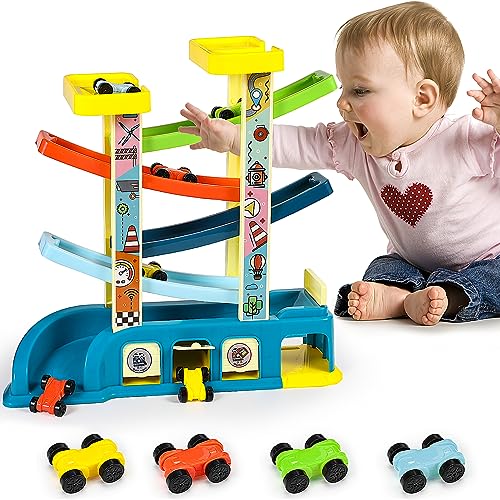 Juguete Rampa Coches Pista de Carrera con 6 Mini Coches, Rampa Racer Coche de Juguete zig Zag clack Track Pista Carreras circuitos Juguetes Corredera para Autos Regalos para Niños de 3 4 6 8 9 años