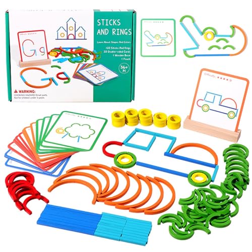 Juguetes Educativos Montessori Niños 3 4 5 6 Años Rompecabezas de Madera, 120 Piezas Palitos de Colores y Anillos con Tarjetas, Creativos Juegos Interactivos Regalo de Aprendizaje para Niños Niñas