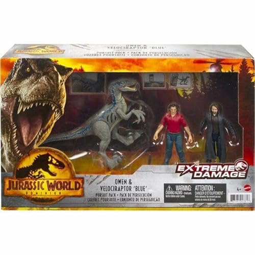 Jurassic World Juego de 3 figuras articuladas de Owen & Velociraptor Blue Extreme Danger Pursuit de Dominion