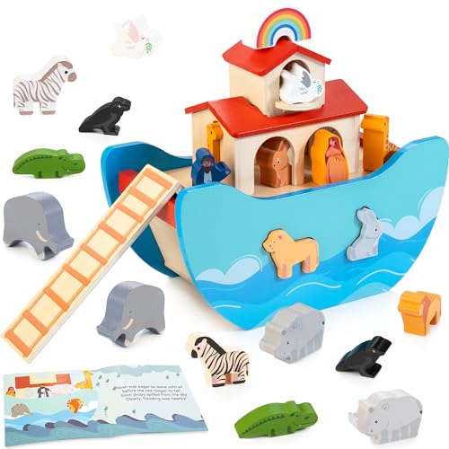 JUSTWOOD Juego de Animales de Juguete de Madera del Arca de Noé, Juguetes de Cuentos bíblicos Regalo de Bautismo para niños y niñas de 1+ años, Juguete clasificador de Formas de bebé