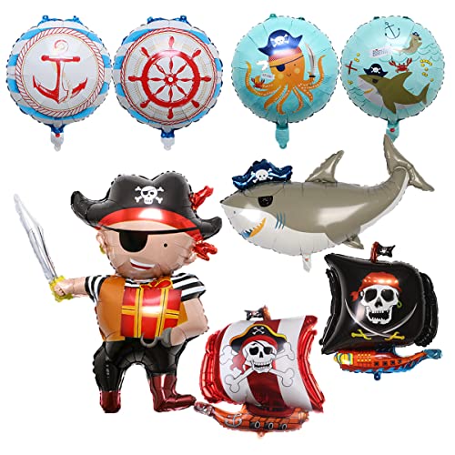 Jxuzh 8 piezas Pirates Pirates Balos de cumpleaños para niños Juego de niños Pirates Tema de cumpleaños Redonda Piel Piel Decoración Océano Animales de tiburón Filón Pirata Pirata Barabon