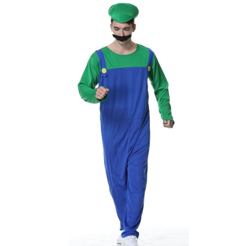 KACLCH adulto Hombre Ropa de juego de roles Cosplay Super Brothers Plumber Mario Luigi Costume verde, Disfraces de Fiesta Navidad traje Disfraz con guantes sombrero mostaza M