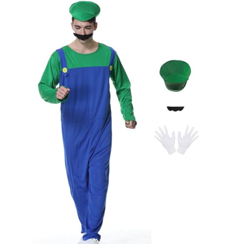 KACLCH adulto Hombre Ropa de juego de roles Cosplay Super Brothers Plumber Mario Luigi Costume verde, Disfraces de Fiesta Navidad traje Disfraz con guantes sombrero mostaza M