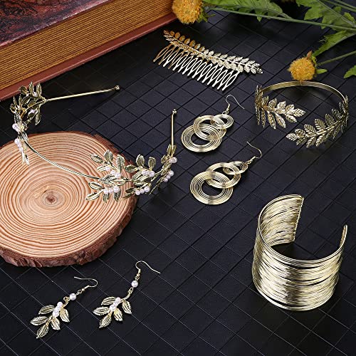 Kakonia Peine de pelo nupcial de hojas doradas para mujer, boda, fiesta, diosa griega, juego de accesorios de disfraz de diosa griega, aretes de perlas artificiales, Stainless Steel