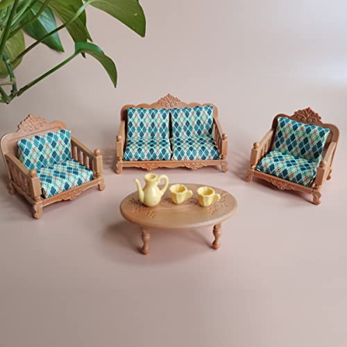 KARLOR Juego de muebles para casa de muñecas, 7 piezas, muebles de muñeca, sofá, sillón, mesa, tetera, tazas de té, accesorios para casa de muñecas, decoración 1:12, casa de muñecas, salón,