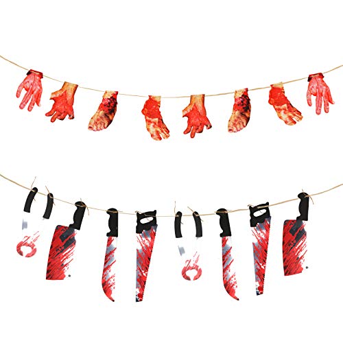 KATOOM 2 banderines sangrientos de Halloween, Guirnalda de extremidades Colgantes de Manos y pies Cortadas aterradoras con Guirnalda de Cuchillo de Arma ensangrentada para decoración Vampiros Zombis