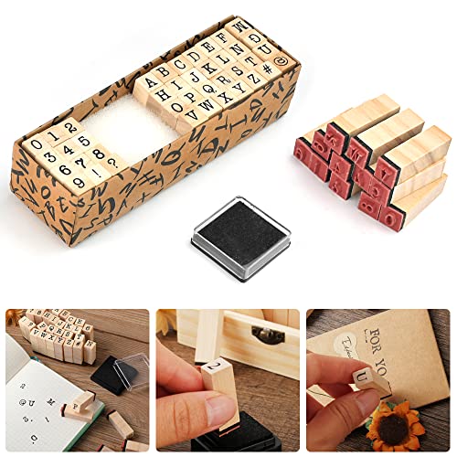 KBNIAN Sellos de Alfabeto, 40 PCS Sellos Abecedario de Madera y Goma Sellos Letras de Madera con Números y Símbolos Juntos juego de Sellos Alfabeto para Artes Manualidades Tarjetas Álbum Recorte