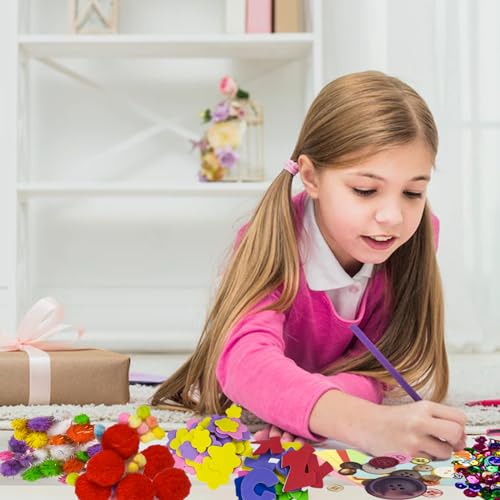 Kikuo Kit Manualidades Niños, 1800+PCS Manualidades Creativas, Juego de DIY Arts Crafts Materiales con Pompoms, Origami, Plumas, Palos para Manualidades para 5 a 12 Años Niños y adultos