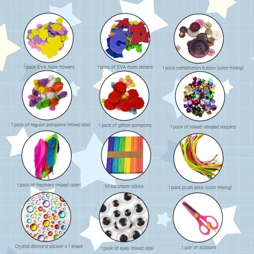 Kikuo Kit Manualidades Niños, 1800+PCS Manualidades Creativas, Juego de DIY Arts Crafts Materiales con Pompoms, Origami, Plumas, Palos para Manualidades para 5 a 12 Años Niños y adultos