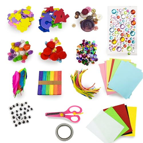 Kikuo Kit Manualidades Niños, 1800+PCS Manualidades Creativas, Juego de DIY Arts Crafts Materiales con Pompoms, Origami, Plumas, Palos para Manualidades para 5 a 12 Años Niños y adultos