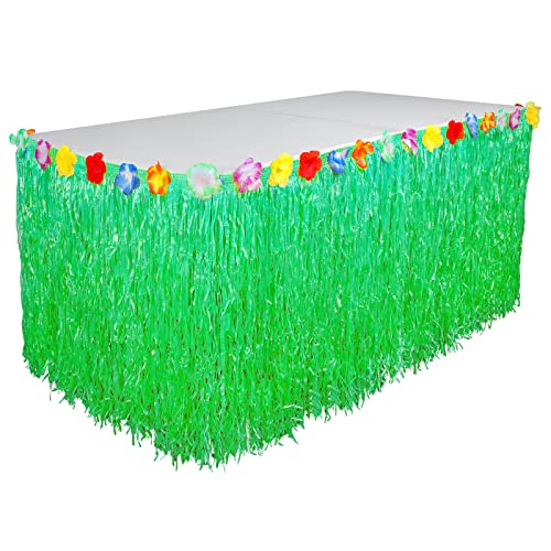 KINBOM 276x60cm Falda Hawaiana Mesa, con Flor Falsa de Colores Autoadhesiva Tropical Falda de Mesa para Fiestas de Barbacoa al Aire Libre Fiestas de Verano en el Jardín Decoraciones (Verde)