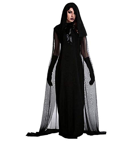 KIRALOVE Disfraz de Bruja - sacerdotisa - hechicera - Morticia - Novia Fantasma - Vampiro - Negro - Disfraces de Mujer - Halloween - Carnaval - Mujer niña - Talla XL - Idea de Regalo Original Cosplay