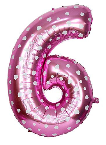 KIRALOVE Globo - Globo - número 6 - Altura 100 cm - Rosa - Corazones - cumpleaños - año Nuevo - Fiesta - Decoraciones