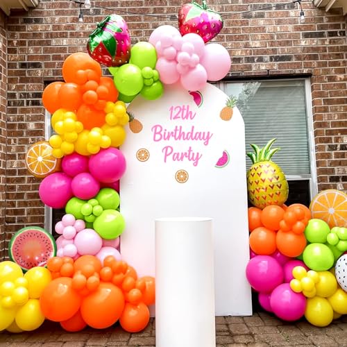 Kit Arco Globos Frutas Tropicales 123 Piezas Kit Guirnalda Globos Rosa Rojo Amarillo Naranja Globos Rosas Verdes con Globos Papel Frutas para Fiestas Verano Cumpleaños Decoraciones Fiestas Jardín