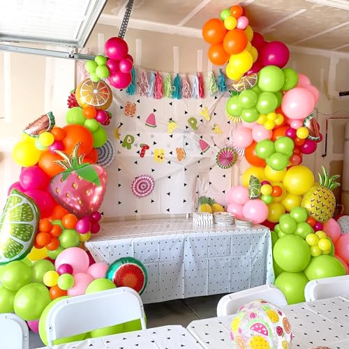 Kit Arco Globos Frutas Tropicales 123 Piezas Kit Guirnalda Globos Rosa Rojo Amarillo Naranja Globos Rosas Verdes con Globos Papel Frutas para Fiestas Verano Cumpleaños Decoraciones Fiestas Jardín