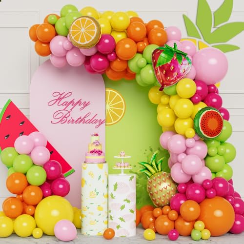 Kit Arco Globos Frutas Tropicales 123 Piezas Kit Guirnalda Globos Rosa Rojo Amarillo Naranja Globos Rosas Verdes con Globos Papel Frutas para Fiestas Verano Cumpleaños Decoraciones Fiestas Jardín