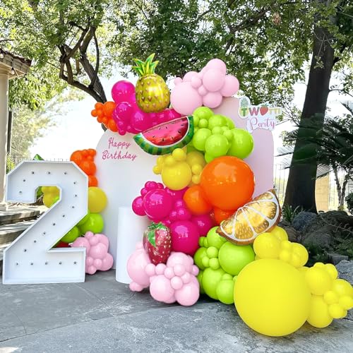 Kit Arco Globos Frutas Tropicales 123 Piezas Kit Guirnalda Globos Rosa Rojo Amarillo Naranja Globos Rosas Verdes con Globos Papel Frutas para Fiestas Verano Cumpleaños Decoraciones Fiestas Jardín