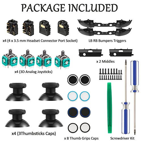 Kit de 31 Repuestos de Controlador de Juego, Tapa Agarre, Joystick, Parachoque Disparador LB RB, Botones ABXY, Puerto Enchufe Auricular, Destornillador Compatible con Xbox One S Modelo 1708