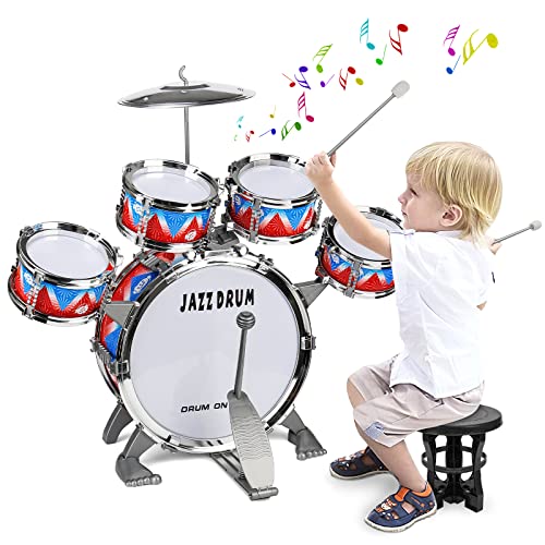 Kit de Batería, Tambor de Jazz, 5 Tambores Percusión Cumpleaños Musical Educativos Navidad Regalo Juguetes para Niños Pequeños de 3 4 5 Años Chicas Chicos