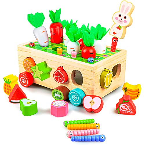 Kizmyee Montessori Juguetes a Partir de 1, 2, 3 años, Cosecha de Zanahoria, Juguete de Madera 7 en 1, Juego de Granja, Juguete de motricidad de Madera, Dados Surtidos y apilables, Juguete Educativo