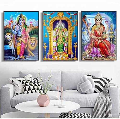 KLHWR Lienzo decorativo para pared, 3 piezas, 60 x 80 cm, sin marco, Shiva Parvati, hindú Dios figura póster e impresión arte de pared para sala de estar moderna decoración del hogar