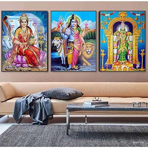 KLHWR Lienzo decorativo para pared, 3 piezas, 60 x 80 cm, sin marco, Shiva Parvati, hindú Dios figura póster e impresión arte de pared para sala de estar moderna decoración del hogar