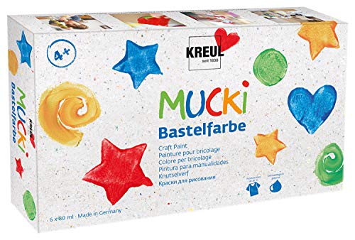 KREUL 24160 - Mucki Juego de 6 botes de pintura para manualidades de 80 ml Sin parabenos, sin gluten, sin lactosa, veganos, lavables y pincelables de pintura infantil al agua