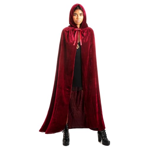 Largo Capa con Capucha Terciopelo Disfraz de Vampiro Halloween Capa Medieval Disfraz para Fiesta de Carnaval y Halloween - Capa Disfraz Adulto para Unisex Mujer y Hombre, Color (Rojo Oscuro 135cm)