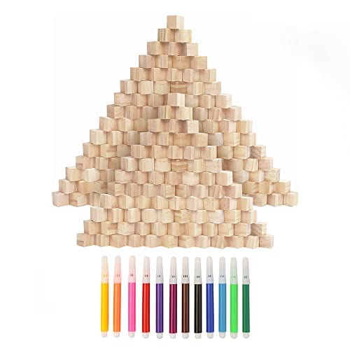 LbsAMP 200Pcs Mini Cubos de Madera para Manualidades 1x1 Cuadrados Pino Natural Sin Acabado con 12 Rotuladores Acuarelables para Niños DIY Bloque Madera Educativo Juguetes de Los Infantiles