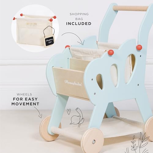 Le Toy Van - Honeybake Wooden Shopping Trolley with Detachable Bag, Supermarket Pretend Play Food Shop