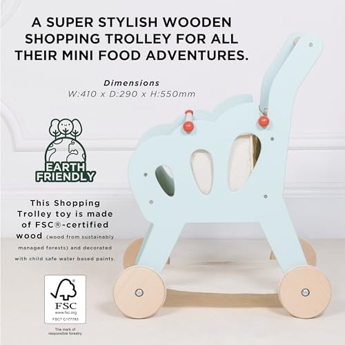 Le Toy Van - Honeybake Wooden Shopping Trolley with Detachable Bag, Supermarket Pretend Play Food Shop