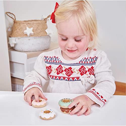 Le Toy Van - TV332 - Juego Educativo Pretend Donuts, Juguete Infantil, 2 Años, Set de 4 Donuts con Caja de Regalo, Juego Montessori, Madera Natural FSC y Colores al Agua