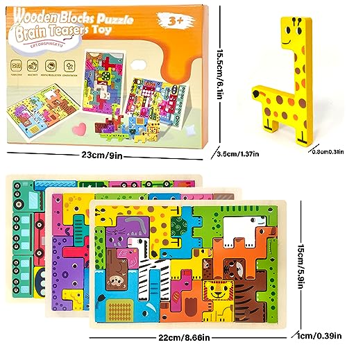 LEcylankEr Puzzle Tetris de Madera para Infantil, 3 PCS Puzzle de Juguetes Montessori 2 3 4 Años, Set de Puzzle de Madera Educativo Colorido, Juguetes Educativos Regalos para Niños y Niñas