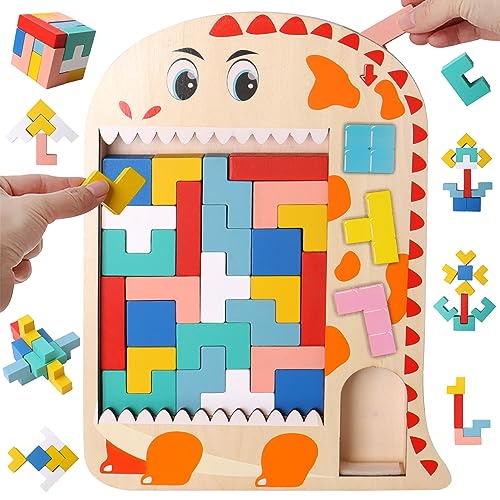 LEcylankEr Puzzle Tetris de Madera para Infantil, Rompecabezas de Tangram 3 en 1, Juguetes Montessori para 3-7 Años, Puzzle 3D Juguetes Educativos Regalos para Niños Niñas (Dinosaurio)
