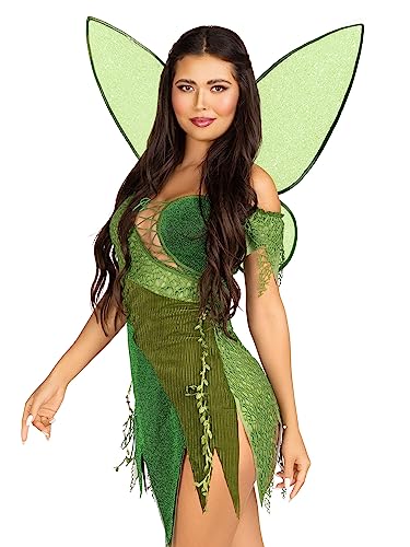 Leg Avenue 3 PC Forest Fairy, includes patchwork dress with adjustable lace ups and tattered skirt, leaf acents, detachable clear straps and shimmer fairy wings