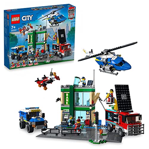 LEGO 60317 City Persecución Policial en el Banco, Helicóptero de Juguete, Dron y 2 Camiones, Idea de Regalo para Niños de 7 Años o Más