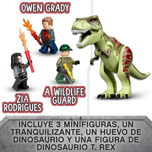 LEGO 76944 Jurassic World Fuga del Dinosaurio T-Rex, Dino, Coche y Helicóptero de Juguete para Niños de 4 Años o Más, Figura de Animal y 3 Minifiguras Inc. Owen Grady y Zia Rodríguez, Idea de Regalo