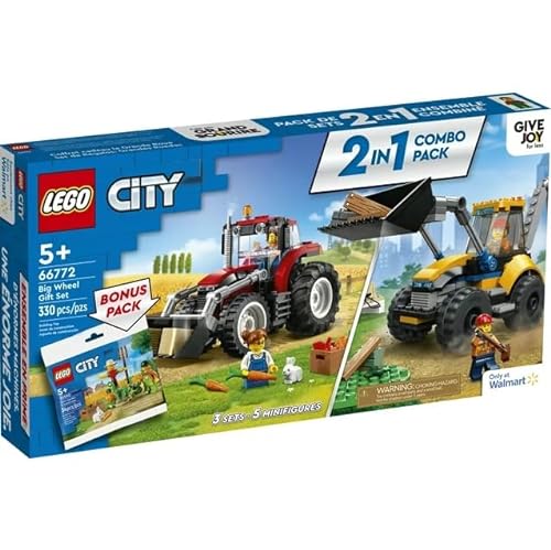 LEGO City Big Wheel 66772 - Juego de juguetes de construcción 2 en 1 para tractor y excavadora de construcción, más paquete de bonificación de jardín de granja y espantapájaros, gran regalo para niños