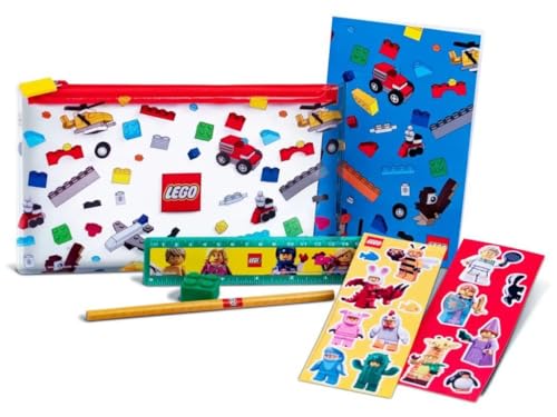 LEGO Juego de papelería con artículos de marca, listo para algunos trabajos escolares, incluyendo un estuche, cuaderno, pegatinas, lápiz, regla y borrador.