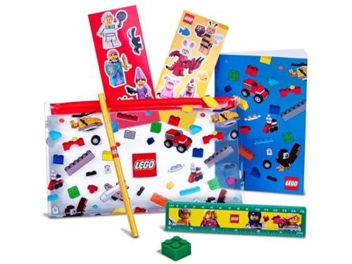 LEGO Juego de papelería con artículos de marca, listo para algunos trabajos escolares, incluyendo un estuche, cuaderno, pegatinas, lápiz, regla y borrador.