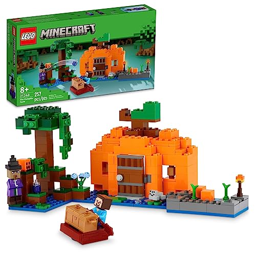 LEGO Minecraft The Pumpkin Farm 21248 Juguete de construcción, acción práctica en el bioma del pantano con Steve, una bruja, rana, barco, cofre del tesoro y parche de calabaza, juguete de Minecraft