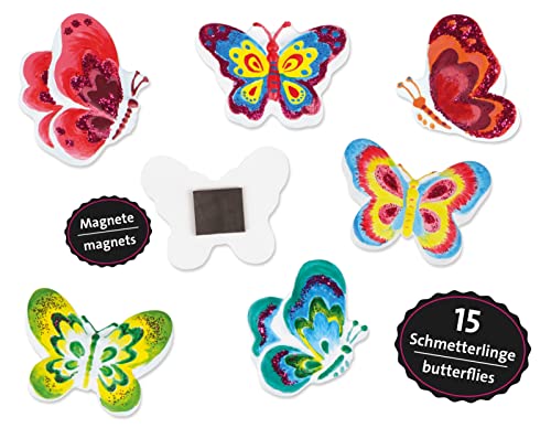 Lena 42707 - Juego de 15 imanes de mariposa con 6 formas de mariposa, yeso, pintura de pintura, pinceles, purpurina y tiras magnéticas, juego de manualidades para niños a partir de años